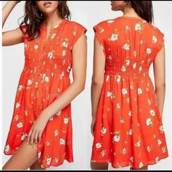 Free People Women M Greatest Day Mini Dress Orange Floral Smocked Size Small - Picture 1 of 7